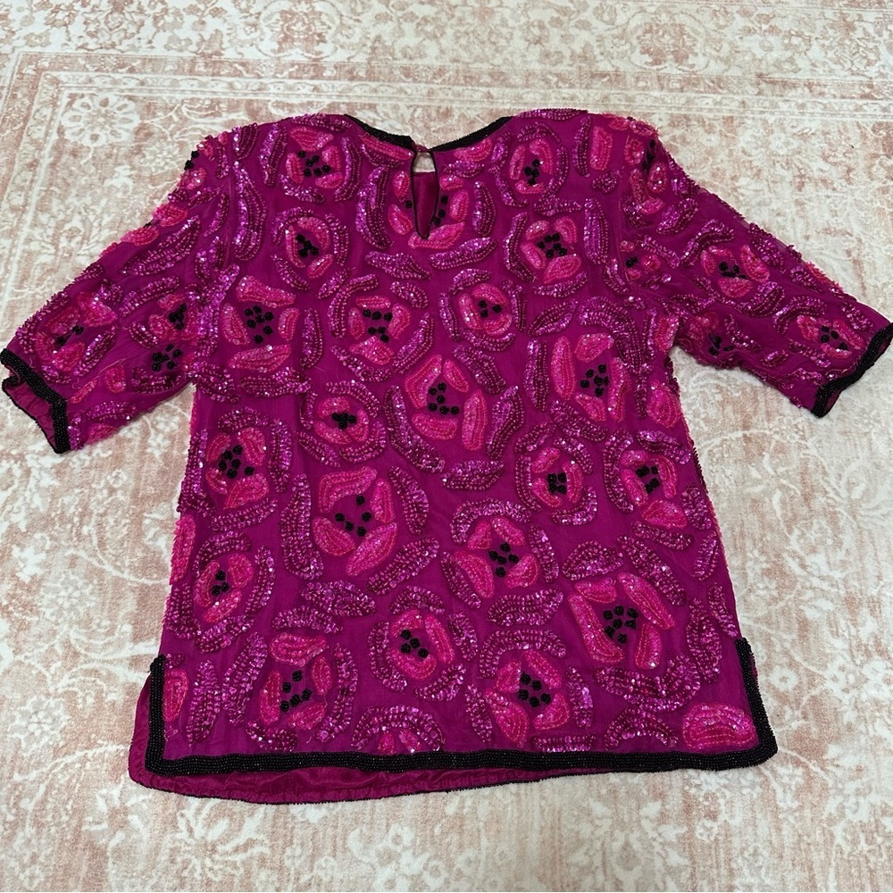 Vintage 100% Silk Beaded Camellia Sequins Pink Top - Picture 8 of 16